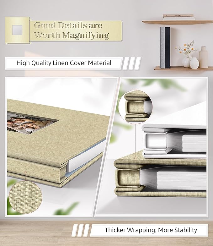 Photo Album Self Adhesive Scrapbook Album for 3x5 4x6 5x7 8x10 Pictures,120 Pages Linen Cover with Display Window DIY Photo Book,Ideal Gifts for Family Travel Wedding Baby