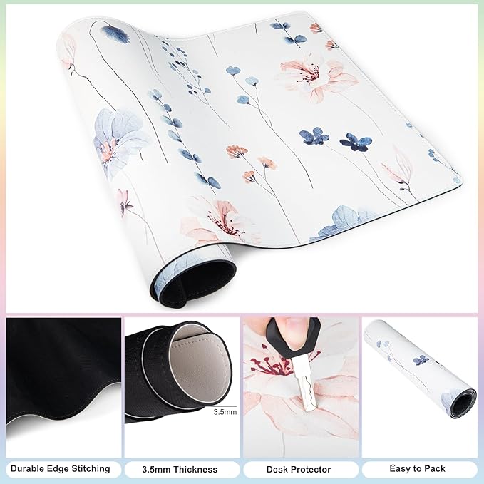 QIYI Large Mouse Pad for Desk, Watercolor Floral Computer Desk Mat for Keyboard and Mouse, Non-Slip Rubber Waterproof Leather Desk Pad, Flowers Gaming Mousepad Office Desk Accessories, 31.5" x15.7"