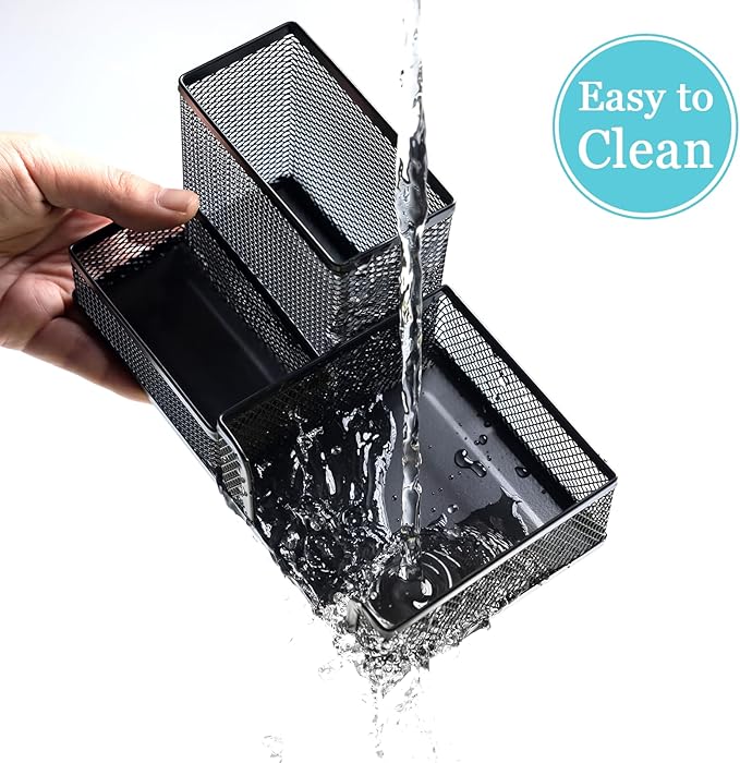 Black Mesh Pen Holder Desktop Organizers Pencil Holder for Desk 3 Compartments Metal Office Supply Organizer with Sticky Notes Holder for Office Desk Accessories