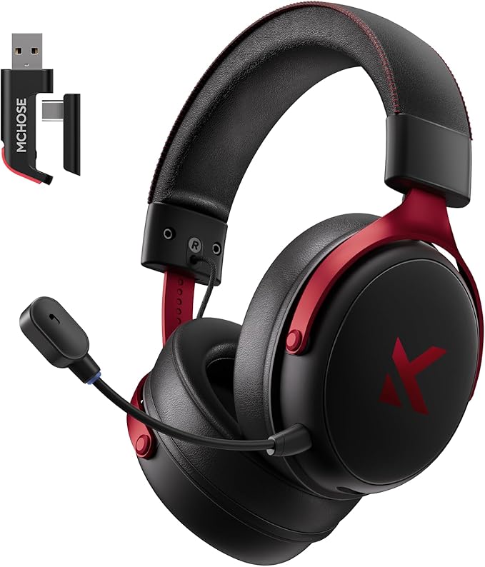 MCHOSE V9 Wireless Gaming Headset 7.1 Surround Sound for PS5 PS4 PC SWITCH TOPSPEED Gaming Headphones with Noise Canceling Mic, 125Hr Battery, Low 15ms Latency, Lightweight, BT 5.3 FPS Games Black&Red