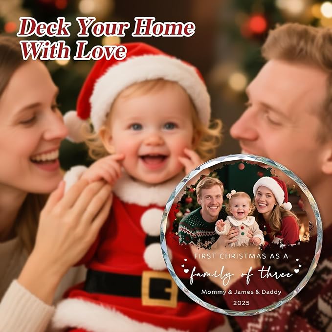 Personalized Family of 3 Christmas Ornament 2025 - Custom Ornament for First Christmas as a Family of 3 - Crystal Photo Ornaments Gifts for New Parents, Newborn, Baby Girl & Boy (3.15”)