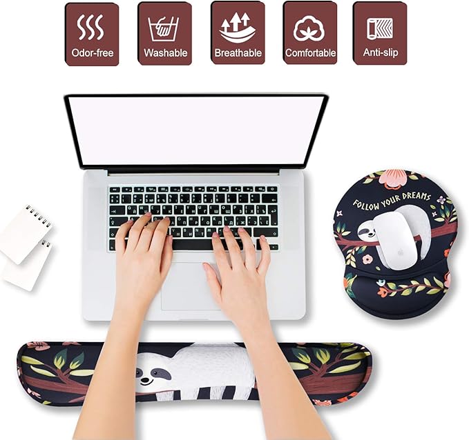 ArtSo Upgraded Wrist Rest Support for Mouse Pad & Keyboard, Ergonomic Gel Mousepad Non-Slip Rubber Base Home,Office Pain Relief, Easy Typing Cushion with Neoprene Cloth, Soft Memory Foam, Cute Sloth