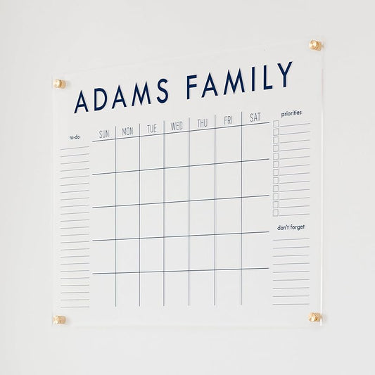 Personalized Clear Acrylic Calendar for Wall, Calendar Whiteboard for Wall, Dry Erase Wall Calendar, Wall Calendar Organizer System for Home (Block, Navy, 31"W x 23"H)