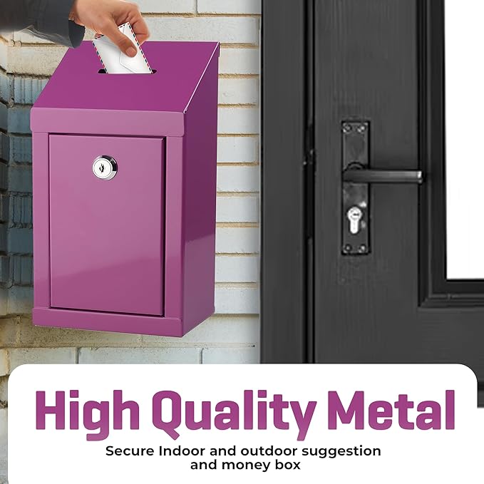 Metal Donation Box-Suggestion Box with Slot and lock-Cash Lock box for Money-Secure Drop Box-Comment and ballot voting box-comes with pre-drilled holes for easy wall mounting 10 X 6 X 2.5"(Purple)