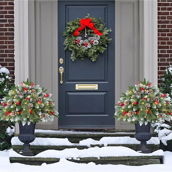 17.94" Prelit Planter Bushes Outdoor Christmas Tree with Lights, Pre-Lit Urn Filler Front Porch Decor with Pine Cones, Red Berries for Christmas Outdoor Holiday Home Decorations