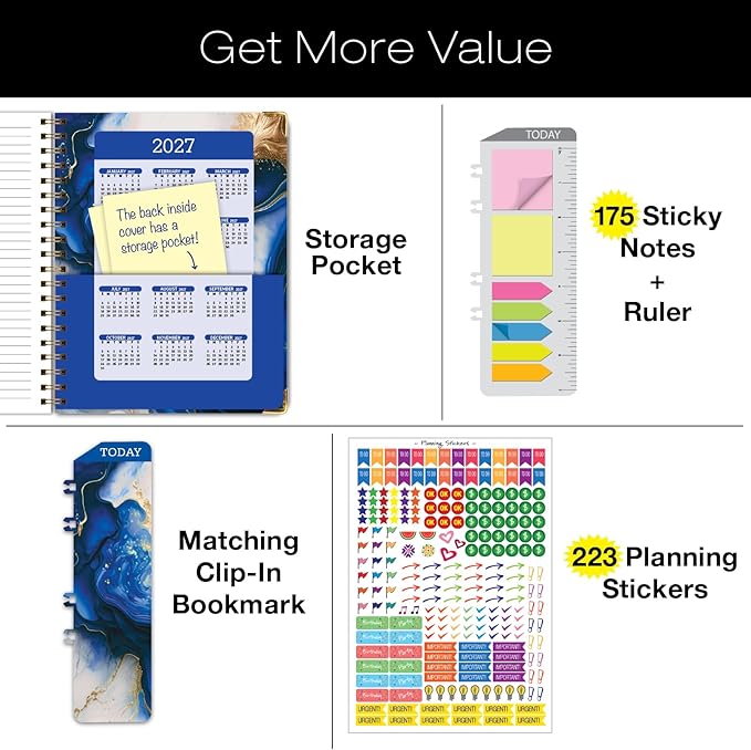 HARDCOVER 2026 Planner, 8.5"x11": 14 Months (November 2025 - December 2026), Daily Weekly Monthly Planner, Yearly Agenda, Bookmark, Pocket Folder and Sticky Note Set (Dark Blue Marble)