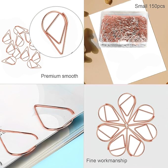 150 Pcs Small Rose Gold Paper Clips Cute Paperclips Decorative Waterdrop Clips Basic Office Supplies for Photo Wedding Invitations Pink Paper Clip