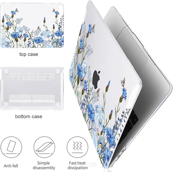 Compatible with M4 MacBook Air 13.6 inch Case 2025 2024 2023 2022 A3240 A3113 M3 A2681 M2 Chip, Crystal Pattern Plastic Hard Case Cover for Mac Air 13 M4 Touch ID, Tropical Blue Flowers