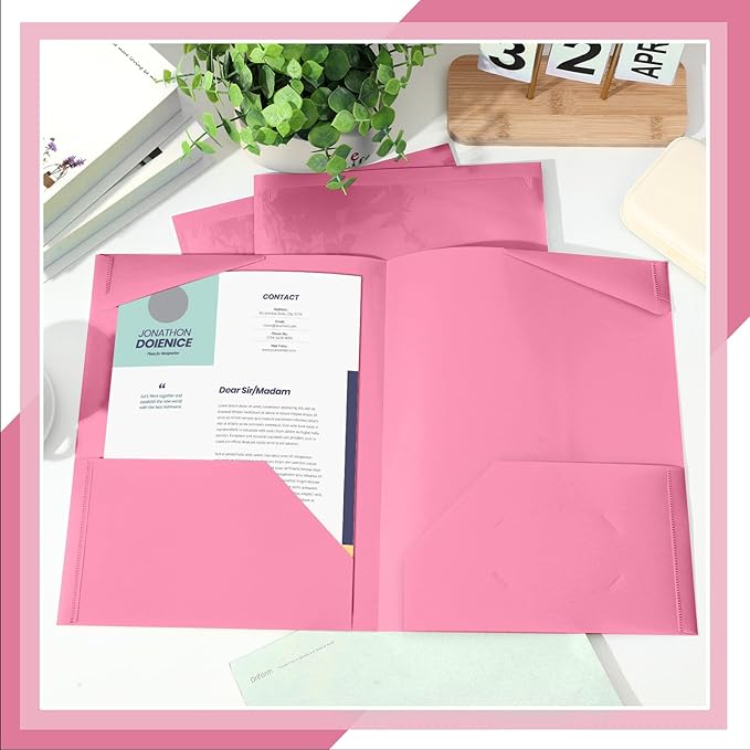 Henoyso 36 Pcs Plastic Folders with Clear Front Pockets Heavy Duty File Folders with 2 Pockets and Card Slot for Student Communication School Office Presentation Report (Pink)