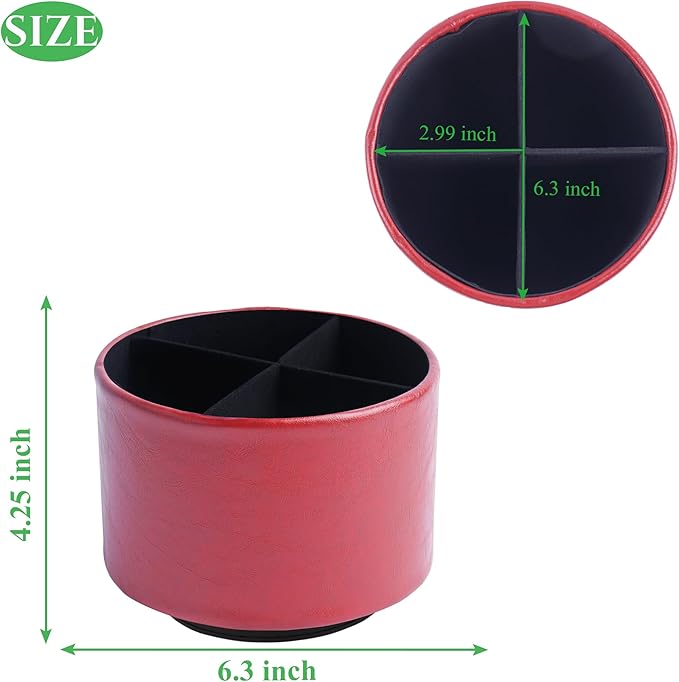 Hennaja Round Leather Art Supply Organizer,Remote Control Holder,360 Degree Spinning,Multi-Functional Pencil Holder,4 Compartments Desktop Stationary Organizer(1-Oil Red)