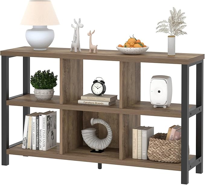 FOLUBAN 6 Cube Storage Organizer with Shelf, Industrial Horizontal Bookshelf, Low Cubby Bookcase for Living Room Bedroom, 47 Inch Oak