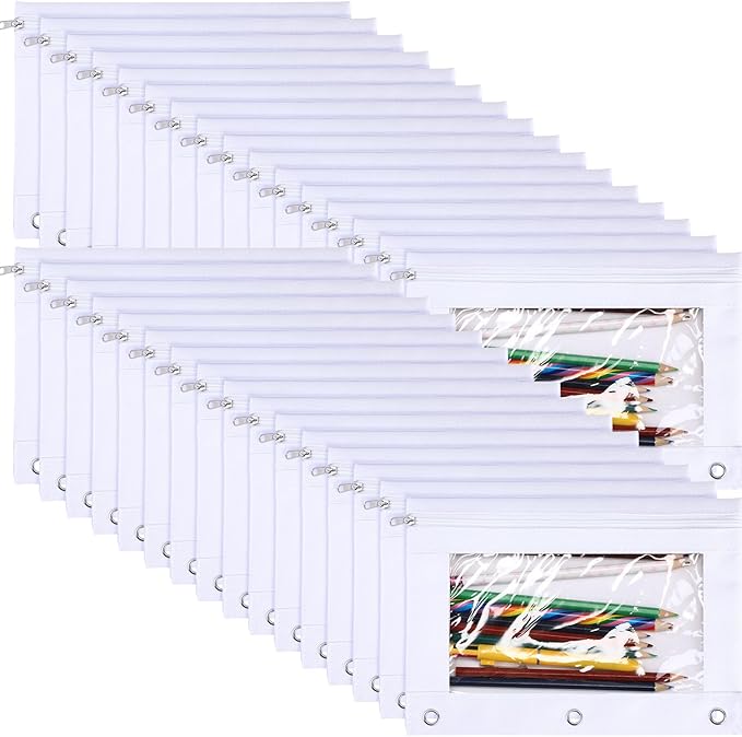 Marspark 30 Packs Pencil Pouch 3 Ring Binder Pen Pouch Cloth Pencil Pouches Zipper Pen Case Bag with Clear Window for School Office Writing Supplies Gifts (White)