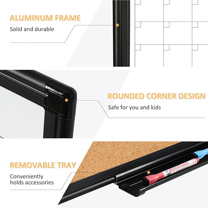 Dry Erase Calendar Board for Wall, 24"x18" Magnetic Whiteboard Calendar Double-Sided Monthly White Board with Cork Board, Black Aluminum Frame Memo Message Board for Office, Home, School