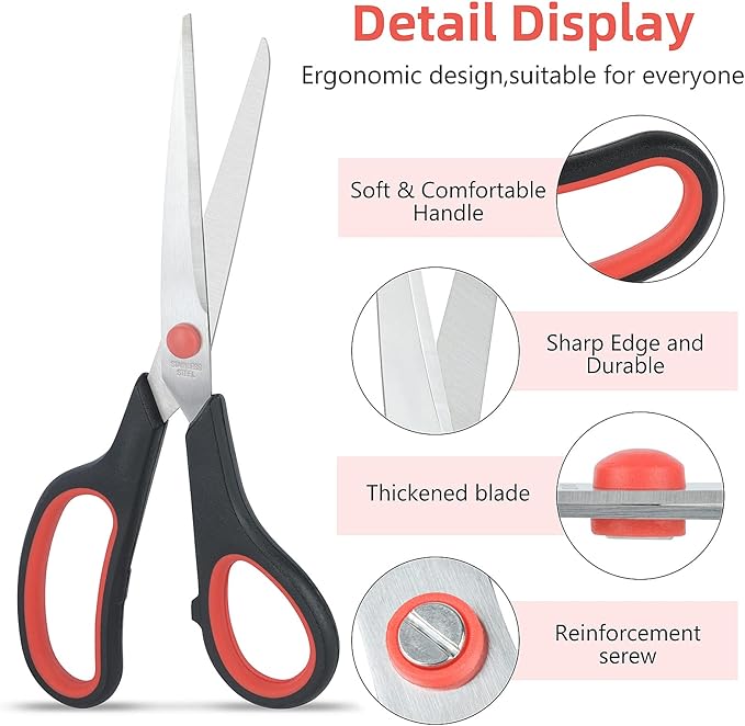 Scissors All Purpose for Office Heavy Duty, 8" Scissors Bulk Pack of 12 for Home Craft Sewing Fabric Supplies, High/Middle School Student Teacher Scissor,Right/Left Handed