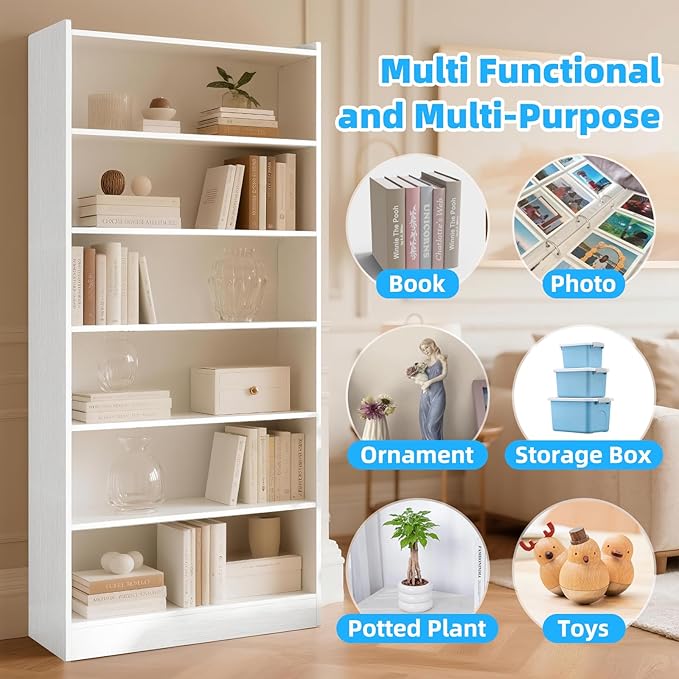 72" Rectangle Wooden Bookshelf with 6 Tier Bookshelf, Large Bookcase for Home Offices and Living Rooms with Storage Shelves, Display Shelves, White