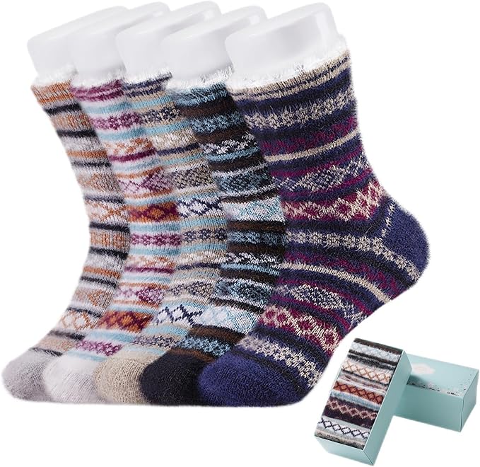 ICEIVY 5 Pair Fuzzy Cozy Socks for Women - Warm Comfy Soft Casual Home Sleep Winter Wool Socks - Gifts for Women