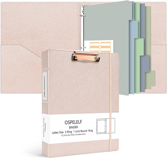 Ospelelf 3 Ring Binder with Clipboard, 1 Inch Leather, Letter Size (8.5" x 11"), Clipboard Binder with 5 Tab Dividers, Rose Gold