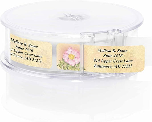 Antique Floral Designer Assorted Rolled Address Labels with Elegant Plastic Dispenser