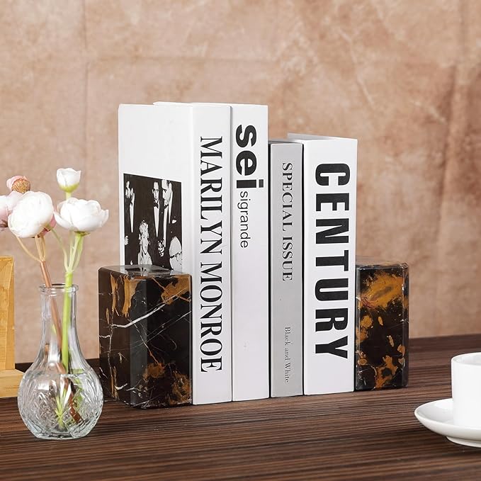 BCS Italy Natural Marble Bookends for Shelves, 7lbs Decorative Book Ends for Heavy Books, Athenian Column Stone Book Holders, Office Bookshelf Stopper Decor for Books, CDs, Video Games (Nero Portoro)