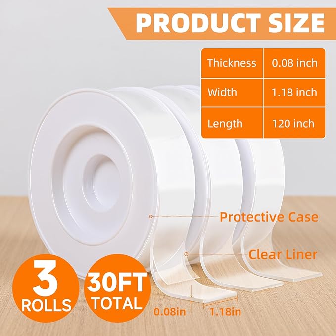 Deli Double Sided Tape Heavy Duty, Nano Tape, Double Sided Mounting Tape, Clear Adhesive Tape for Hanging Picture, Poster, Carpet, Photo Deco, 30 Feet