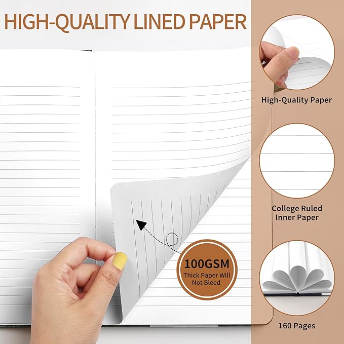 A5 Lined Journal Notebook – Hardcover Fabric Cover 160 Pages 100 GSM Thick Paper With Elastic Band & Pen Holder College Ruled Writing Notebooks for Work School Travel Gray