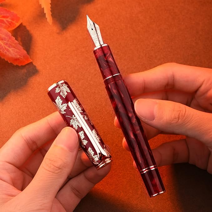 Hongdian N8 Fountan Pen, Iridium Fine Nib, Rose Gold Trim Maple Leaf Carving Cap Red Acrylic Resin, Smooth Writing Pen with Converter and Metal Pen Box Set