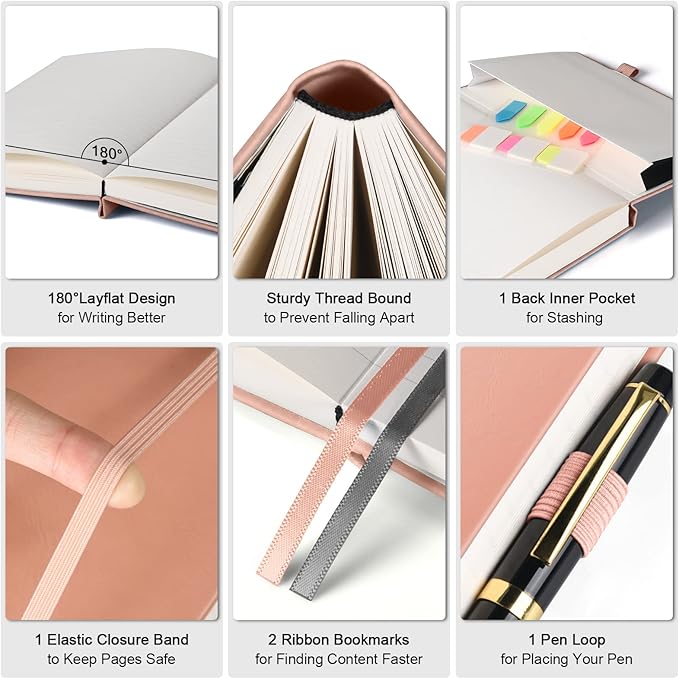 Lined Journal Notebook, Large A5 College Ruled Notebook, 312 Numbered Pages Work Notebook with Index Stickers, 100gsm Thick Paper, Hardcover Vegan Leather Journal for Women Men School Office, Pink