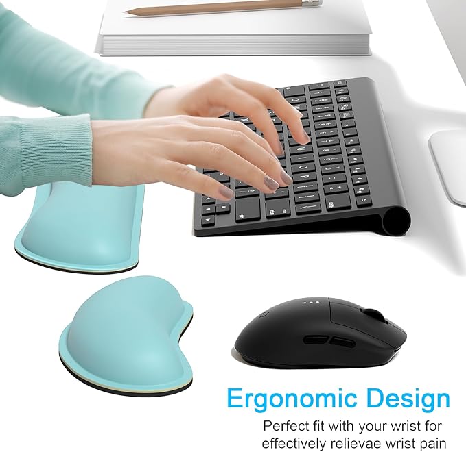 Dapesuom Keyboard Wrist Rest Set, Cute PU Leather Wrist Cushion for Computer Keyboard and Mousepad, Memory Foam Mouse Pad Rests Support with Non-Slip Base for Typing Pain Relief, Pale Robin Egg Blue