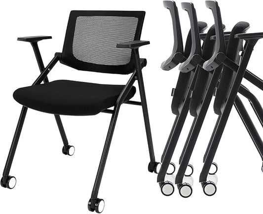 12 Pack Stackable Conference Room Chairs with Wheels and Paddle, Ergonomic Mesh Back and Arms for Meeting, Conference, Reception, Training Room & Home Office Desk Folding Chairs, Set of 12
