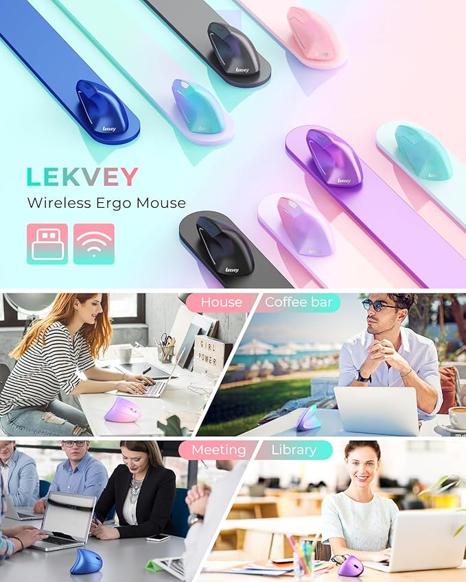 Lekvey Ergonomic Mouse, Vertical Wireless Mouse, Rechargeable 2.4G Optical Carpal Tunnel Mice with USB Receiver: 1000/1200 / 1600 DPI, 6 Buttons, for Laptop, Computer, PC, Desktop, Pink Green