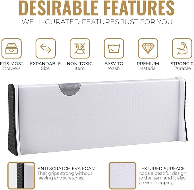 RAPTUROUS Adjustable Drawer Dividers 6 Pack, 4” High, 11-17” Long, Dresser Drawer Organizer for Bedroom, Closet, Kitchen, Nursery, Office, Strong Hold, Soft Foam Edges, White