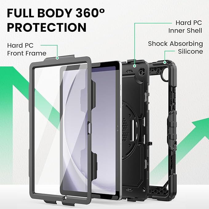 SEYMAC Case for Samsung Galaxy Tab A9+/ A9 Plus Case 11" 2023 (SM-X210/X216/X218), Heavy Duty Shockproof Protective Case with Screen Protector, Rotating Stand and Hand/Shoulder Strap, Black