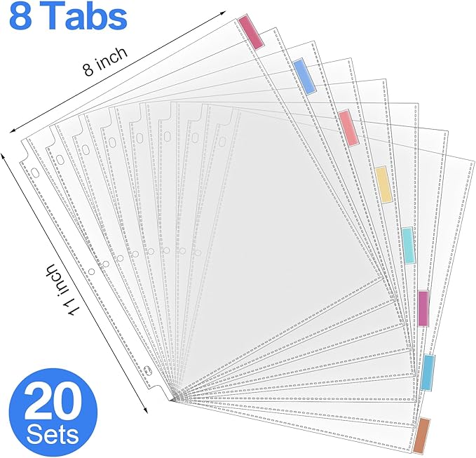 ReliThick 20 Set of 160 Pack Clear Sheet Protectors 8.5 x 11 Inch Page Protector for 3 Ring Binder with 8 Tabs Plastic Dividers for 3 Ring Binder, Insertable Index Page Divider Multicolor Tabs