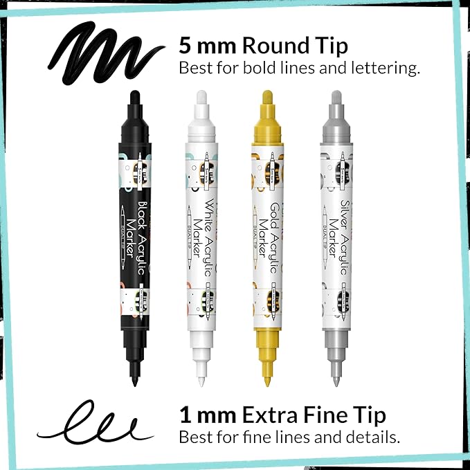 4 Dual Tip Acrylic Paint Pens - Fine Tip & Medium, Permanent & Waterproof - Acrylic Paint Markers for Rock Painting, Canvas, Wood, Ceramic, Glass, Fabric, Metal - White, Black, Gold & Silver