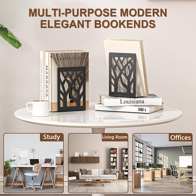 VFINE 4-Piece Modern Metal Bookends for Shelves, Black Tree Book Ends for Books, Decorative Book Organizer for Desk, Non-Skid Shelve Bookends for Home Office