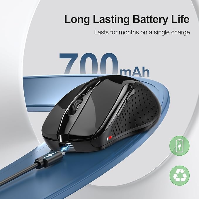 TECKNET Wireless Mouse (BT5.0/3.0 & 2.4G) Rechargeable 4800 DPI Silent USB A & Bluetooth Mouse 6 Buttons, Wide Compatibility - Black