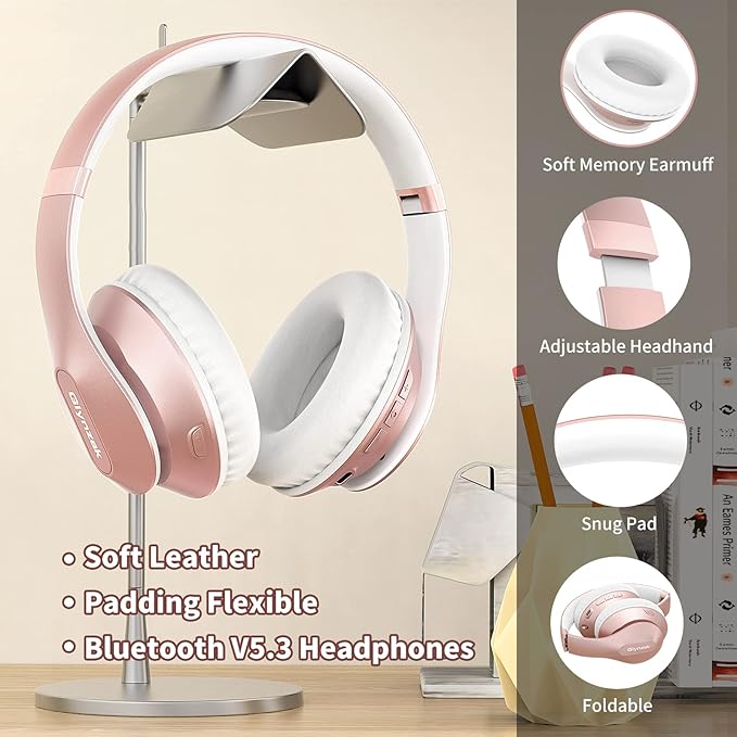 Wireless Bluetooth Headphones Over Ear 65H Playtime HiFi Stereo Headset with Microphone and 6EQ Modes Foldable Bluetooth V5.3 Headphones for Travel Smartphone Computer Laptop Rose Gold
