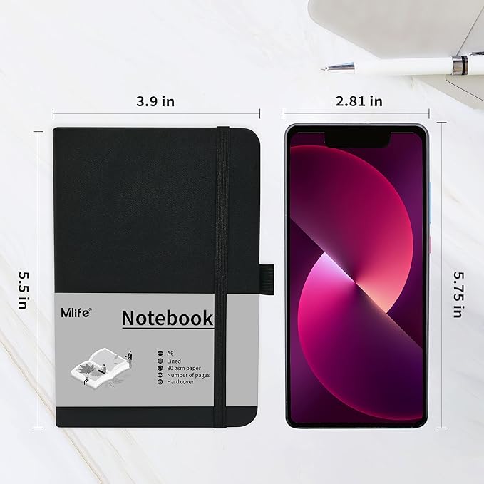 A6 Small Journal Notebook, Lined Pocket Notebook with Pen Holder, Mini Notebook Hardcover, 192 Pages, 3.9 inches * 5.5 inches Jurnal for Women and Man (3 Pack Black)