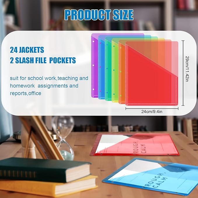 Seajan 24 Pcs Pocket Folders for 3 Ring Binder Clear Plastic Folders Sleeves with 2 Pockets 3 Hole Punch Binder Dividers Poly Slash File Jackets for Office School Document Organizer (Multicolor)