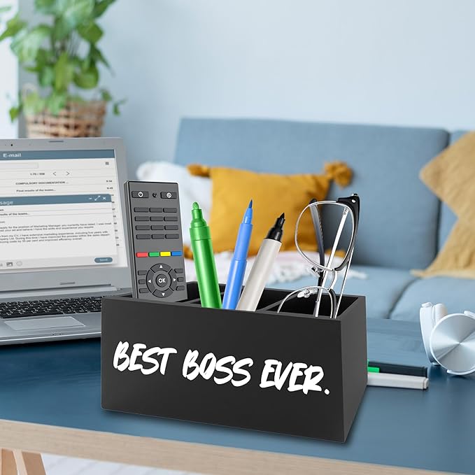Boss Gifts Pen Pencil Holder Organizer for Desk, Bosses Leader Appreciation Gifts, Best Boss Ever Wooden Box Signs Decorations for Home Workplace Office Desk Tabletop