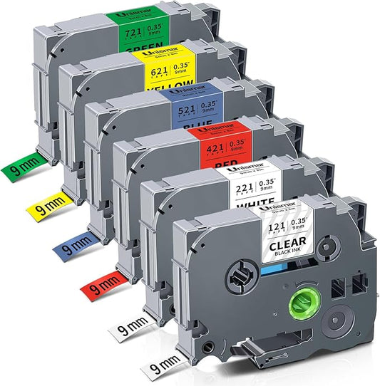 6-Pack TZe TZ Tape 9mm 0.35" Laminated Colored Compatible for Brother P Touch Label Tape 3/8 Inch for PT-D210 D220 H110 D400 Label Maker, Clear/White/Red/Blue/Yellow/Green