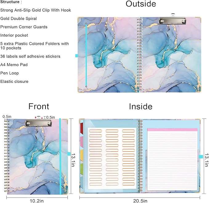 Lateefah Clipboard with Storage, File Folders with Pockets, Nursing Clipboard with Label Stickers and Notepad, Spiral Clip Board with Pen Loop for School, Office Supplies