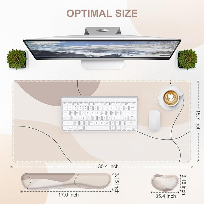 iCasso Extra Large Mouse Pad with Wrist Rest, 3in1 Big Full Desk Mousepad + Keyboard Wrist Rest+Mouse Wrist Rest, Easy Typing Pain Relief, Ergonomic XXL Ultra Thick Long Desk Mat (Brown Art)