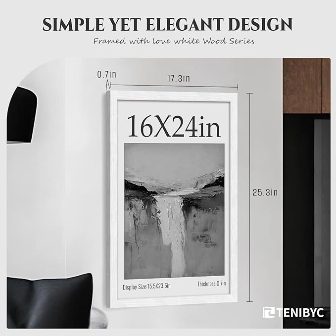 16x24 Poster Frame 4 Pack - White Solid Wood Picture Photo Frame - Woodgrain Series - Room, Office, Gallery, Studio Display - Wall Hanging