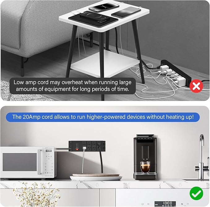 CCCEI Black Heavy Duty Power Strip Surge Protector 20 AMP, 8 Outlets 12 Gauge Industrial Shop Garage Metal Multiple Outlets, 12 FT Extension Cord 5-15P Adapter High Amp 6-20R T-Slot 20a for Appliance