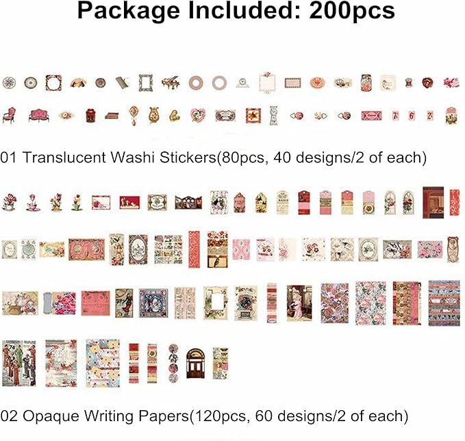 200PCS Vintage Scrapbooking Supplies Pack, Aesthetic Scrapbook Sticker Paper Art Journaling Kit for Bullet Junk Journals,Planner,Cottagecore Decor Gifts (Pink Retro Collection)