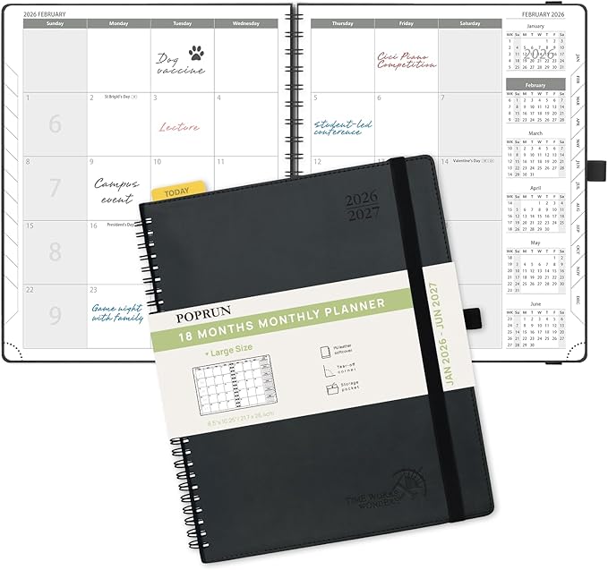 POPRUN Monthly Planner 2026-2027 (Large 8.5" x 10.5") 18 Months Calendar (Jan 2026 - Jun 2027) - 4 Pages per Month with Expense & Notes, Stair-like tabs, Leather Cover, Sunday Starts - Black