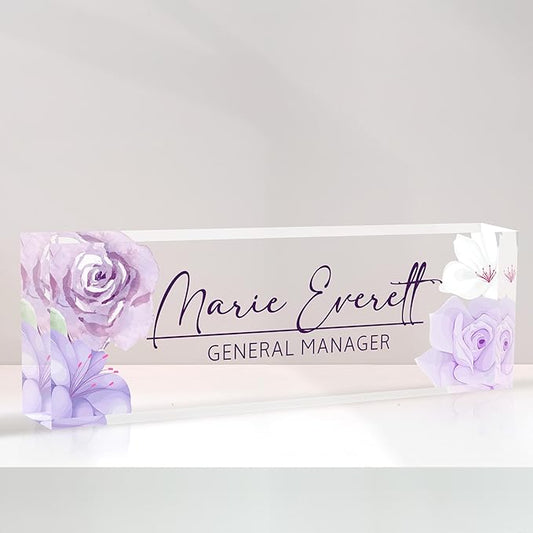 Personalized Name Plate for Desk, Custom Desk Name Plate, Acrylic Name Plate Office Desk Accessories, Personalized Office Gifts for Coworkers Teachers, Employee Appreciation Gifts (A-PurpleFlower)