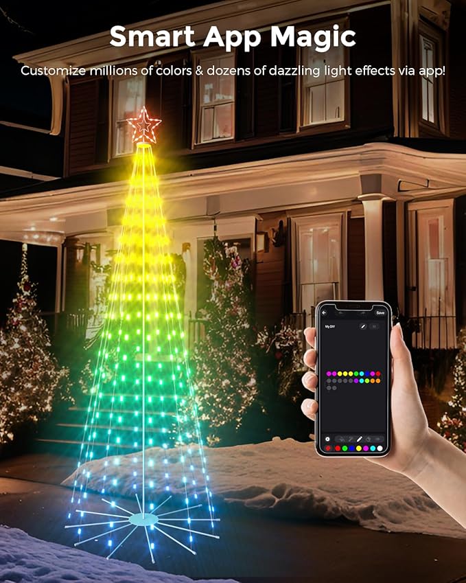 8ft Smart Outdoor Lighted Christmas Tree with Sturdy Iron Base, 16 Mil Color Changing, Music Sync, Timer, Group Control, RGB Led Christmas Decorations for Indoor Outdoor