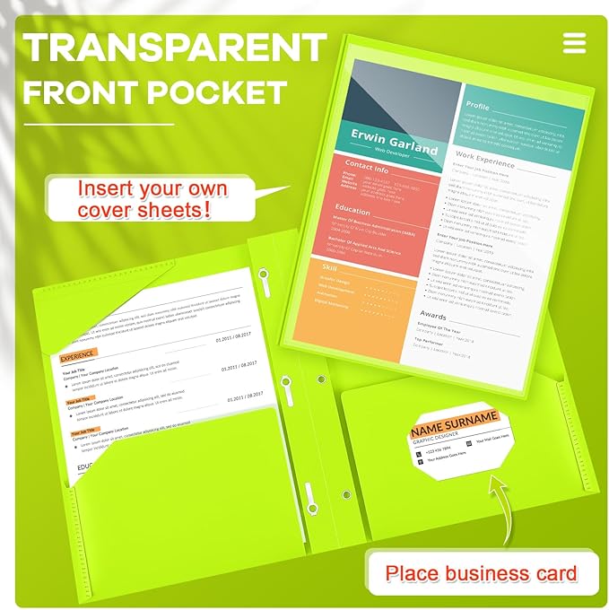 Henoyso 48 Pcs Plastic Folder with Clear Front Pocket and 3 Prongs Heavy Duty Plastic Folders with Card Slot Pocket Folders with Prongs for School Office Home(Fluorescent Green)